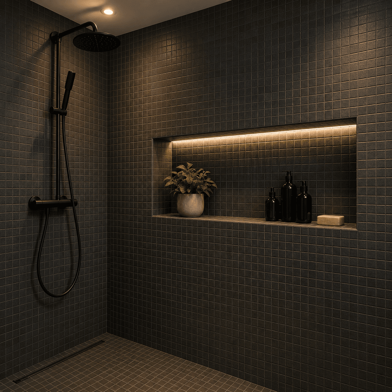 Mosaikverlegung — Dusche in dunklem Mosaik